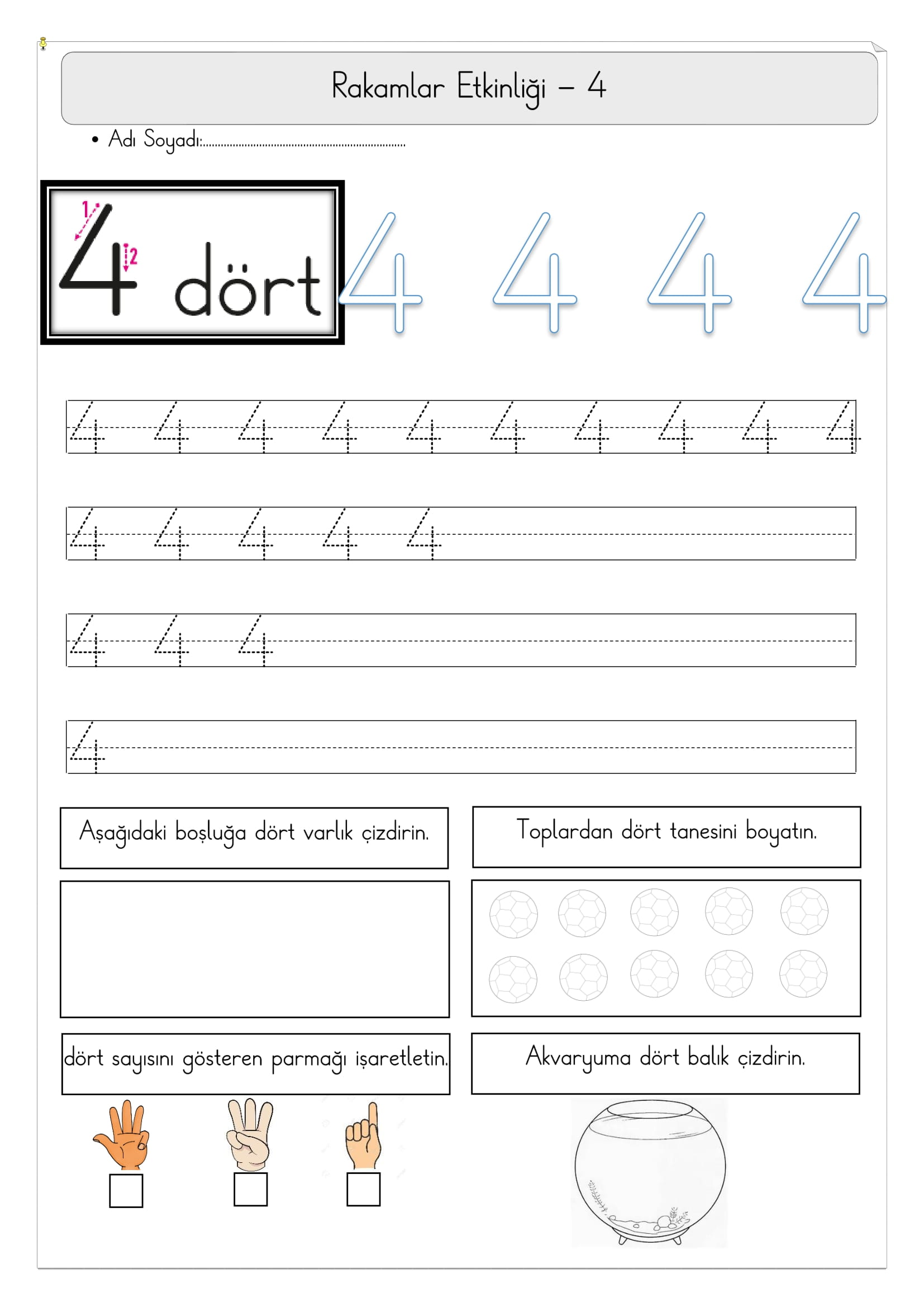 1. Sınıf Matematik 4 Rakamı Etkinliği