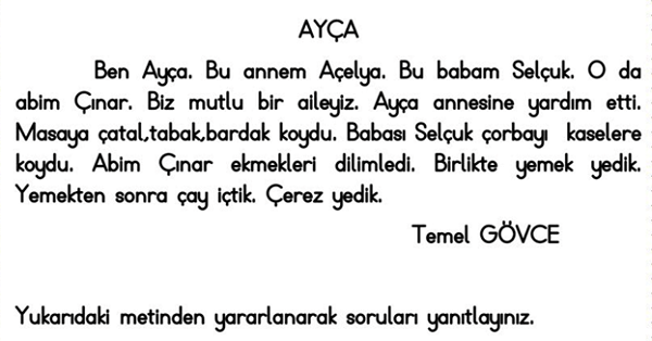 1. Sınıf İlk Okuma Yazma (Ç-ç Sesi) Okuma-Anlama Çalışması