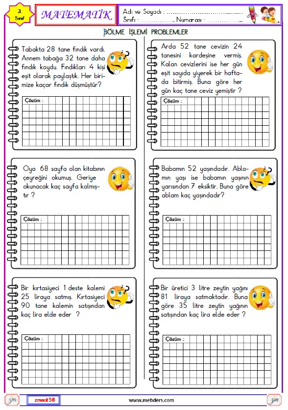 3. Sınıf Matematik Bölme İşlemi Problemler Etkinliği 9