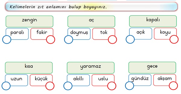 2. Sınıf Türkçe Zıt Anlamlı Kelimeler Etkinliği-2