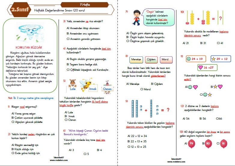 2. Sınıf Haftalık Değerlendirme Testi - 7.Hafta (24-28 Ekim)