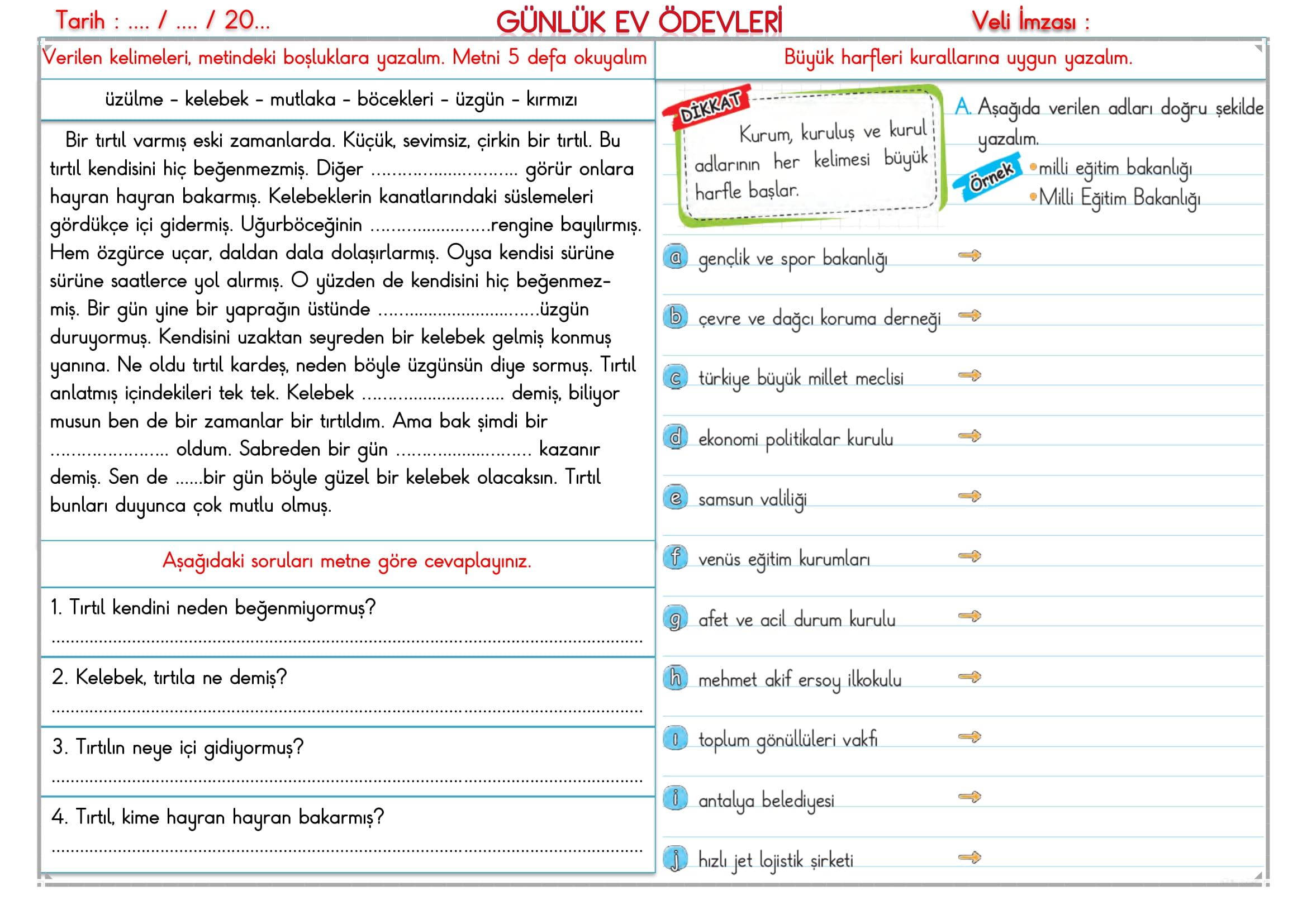 2. Sınıf - 20 Kasım 2025 Günlük Ev Ödevleri