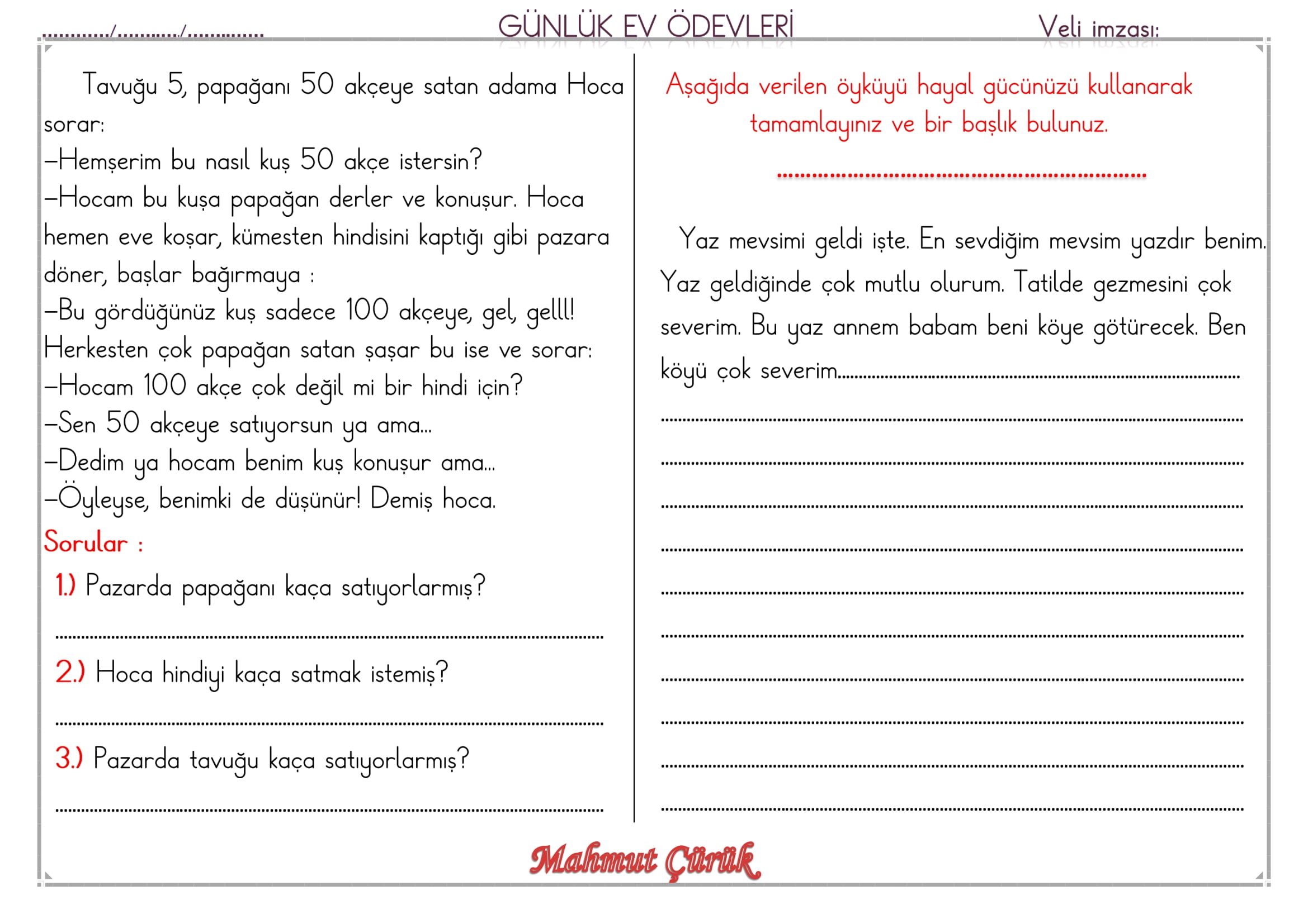 1. Sınıf 16 Mayıs 2025 Günlük Ev Ödevi