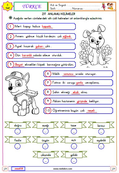 2. Sınıf Türkçe Zıt Anlamlı Kelimeler Etkinliği