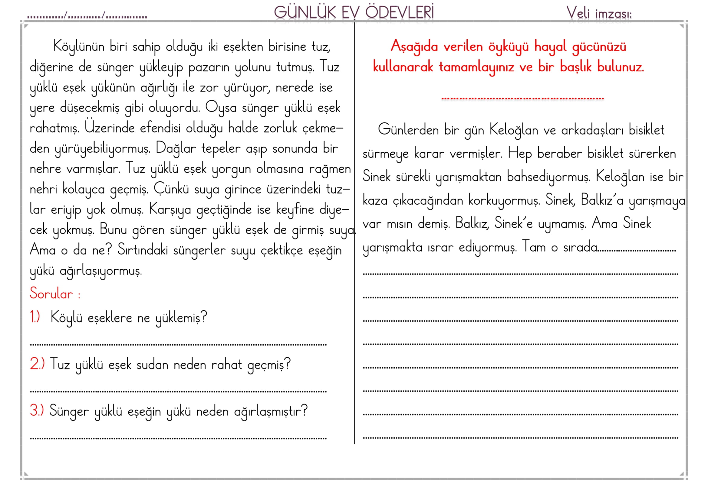 1. Sınıf 25 Şubat 2025 Günlük Ev Ödevi