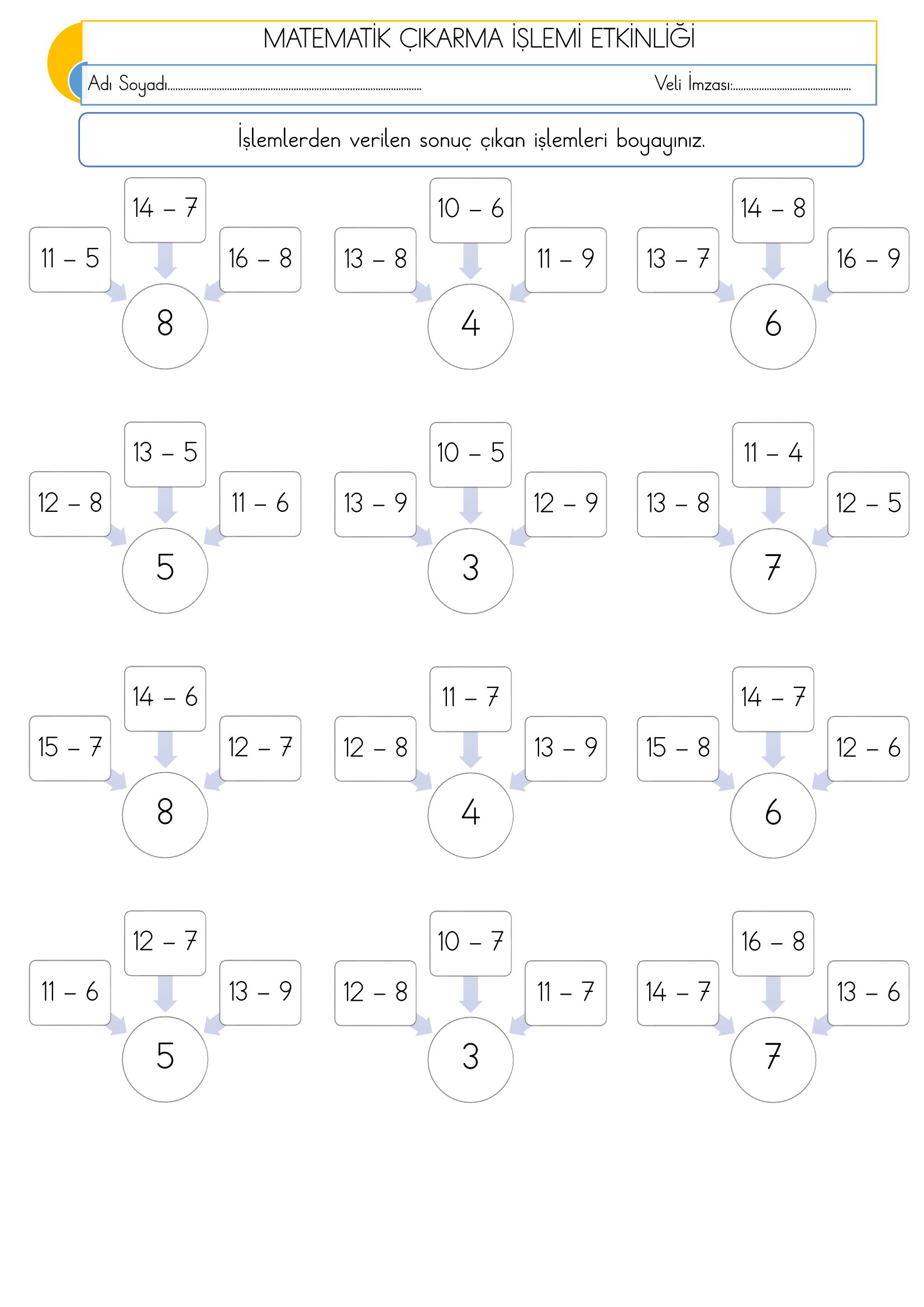 1. Sınıf Matematik Çıkarma İşlemi Etkinliği