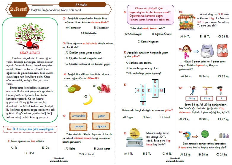 2. Sınıf Haftalık Değerlendirme Testi - 37.Hafta (13-17 Haziran)