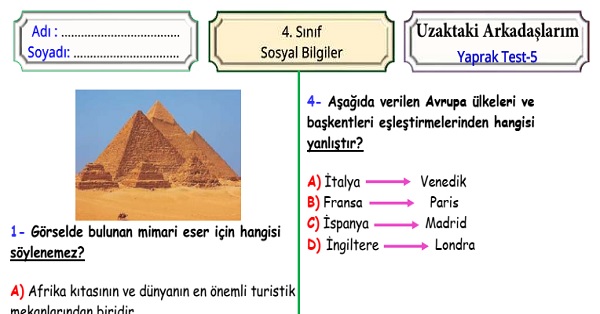 4. Sınıf Sosyal Bilgiler Uzaktaki Arkadaşlarım Yaprak Test 5