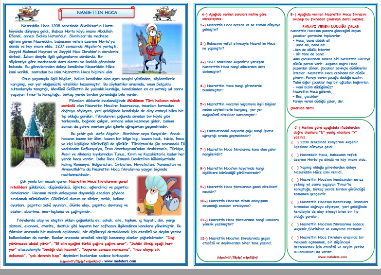 4. Sınıf Türkçe Nasrettin Hoca Okuma Anlama ve Metin Çalışması 6