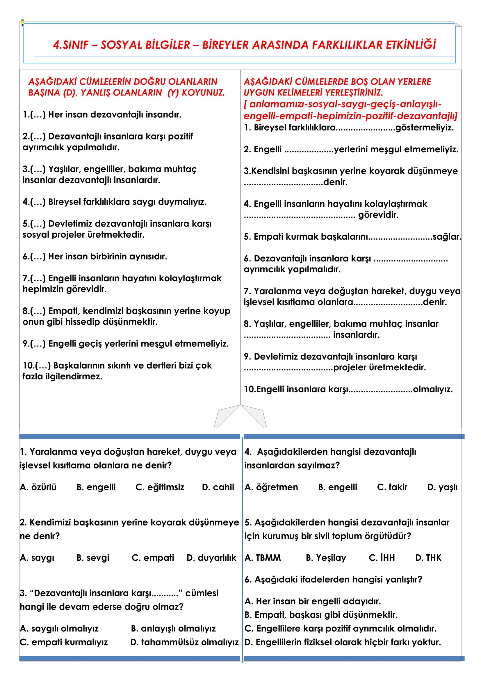 4. Sınıf - Sosyal Bilgiler - Bireyler Arasında Farklılıklar Etkinliği
