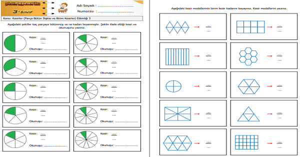 3. Sınıf Matematik Kesirler (Parça Bütün İlişkisi ve Birim Kesirler) Etkinliği 3