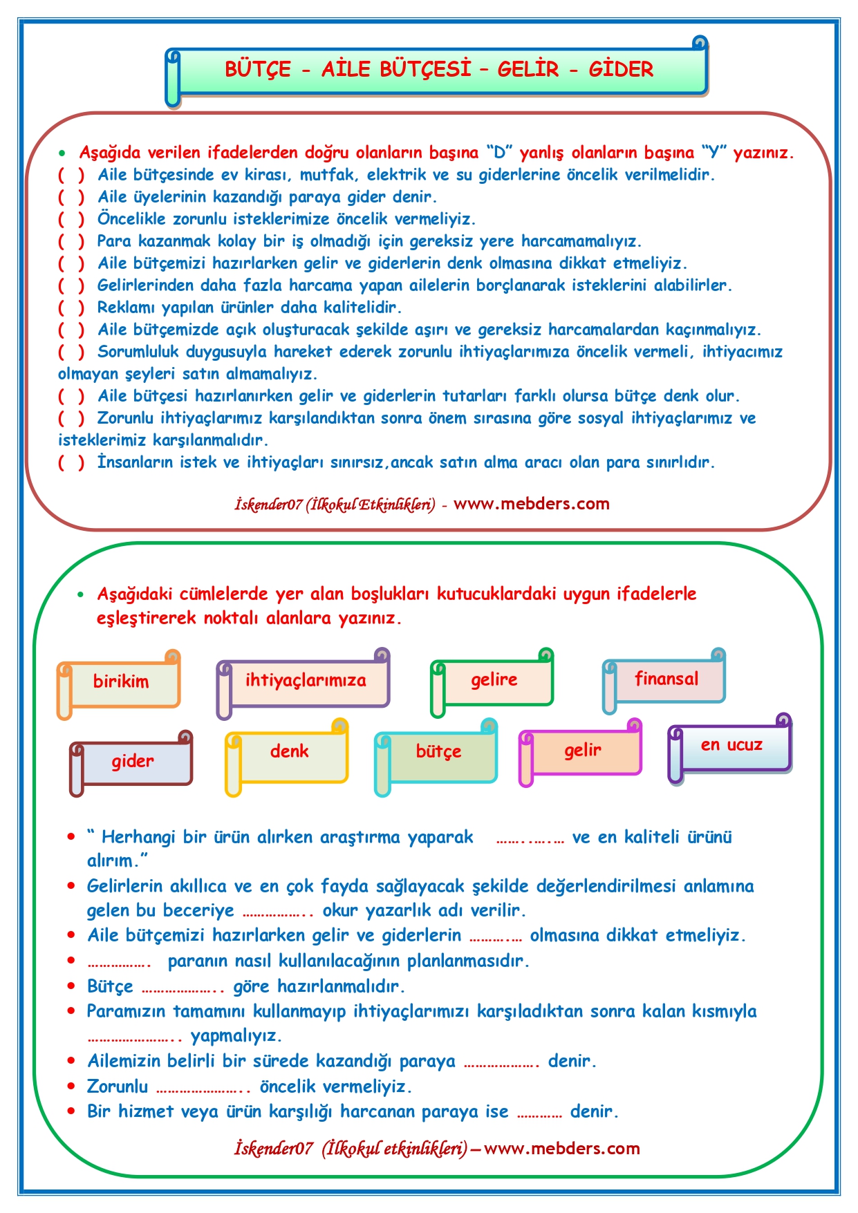 4. Sınıf Sosyal Bilgiler Bütçe - Aile Bütçesi - Gelir - Gider