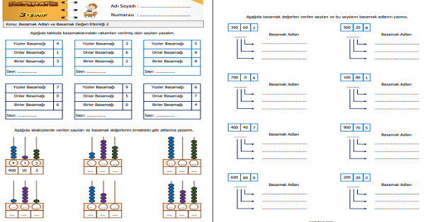 3. Sınıf Matematik Basamak Adları ve Basamak Değeri Etkinliği 2