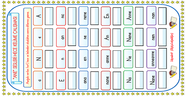 1. Sınıf İlk Okuma Yazma(A-N-E) Sesi Harf Hece Kelime Okuma Yazma Çalışması