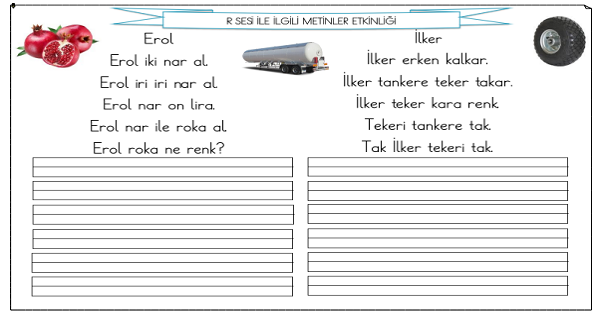 1. Sınıf R Sesi Metinler Etkinliği