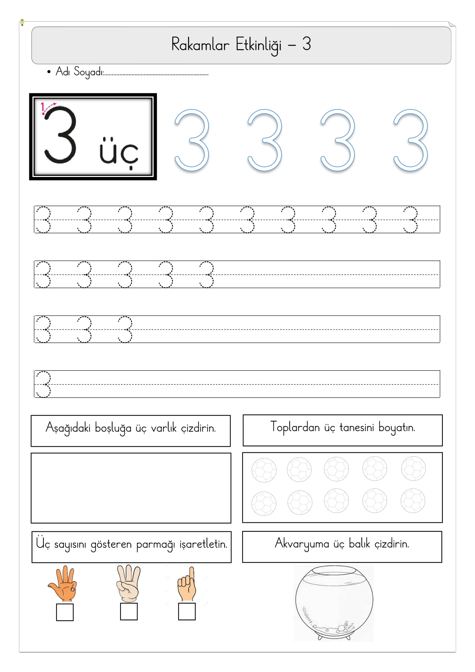 1. Sınıf Matematik 3 Rakamı Etkinliği