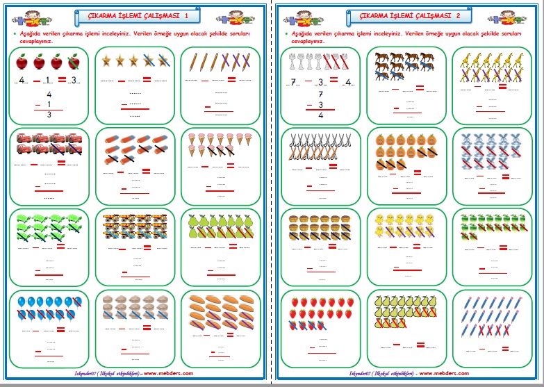 1. Sınıf Matematik Çıkarma İşlemi Çalışması 1-2 (2 Sayfa)