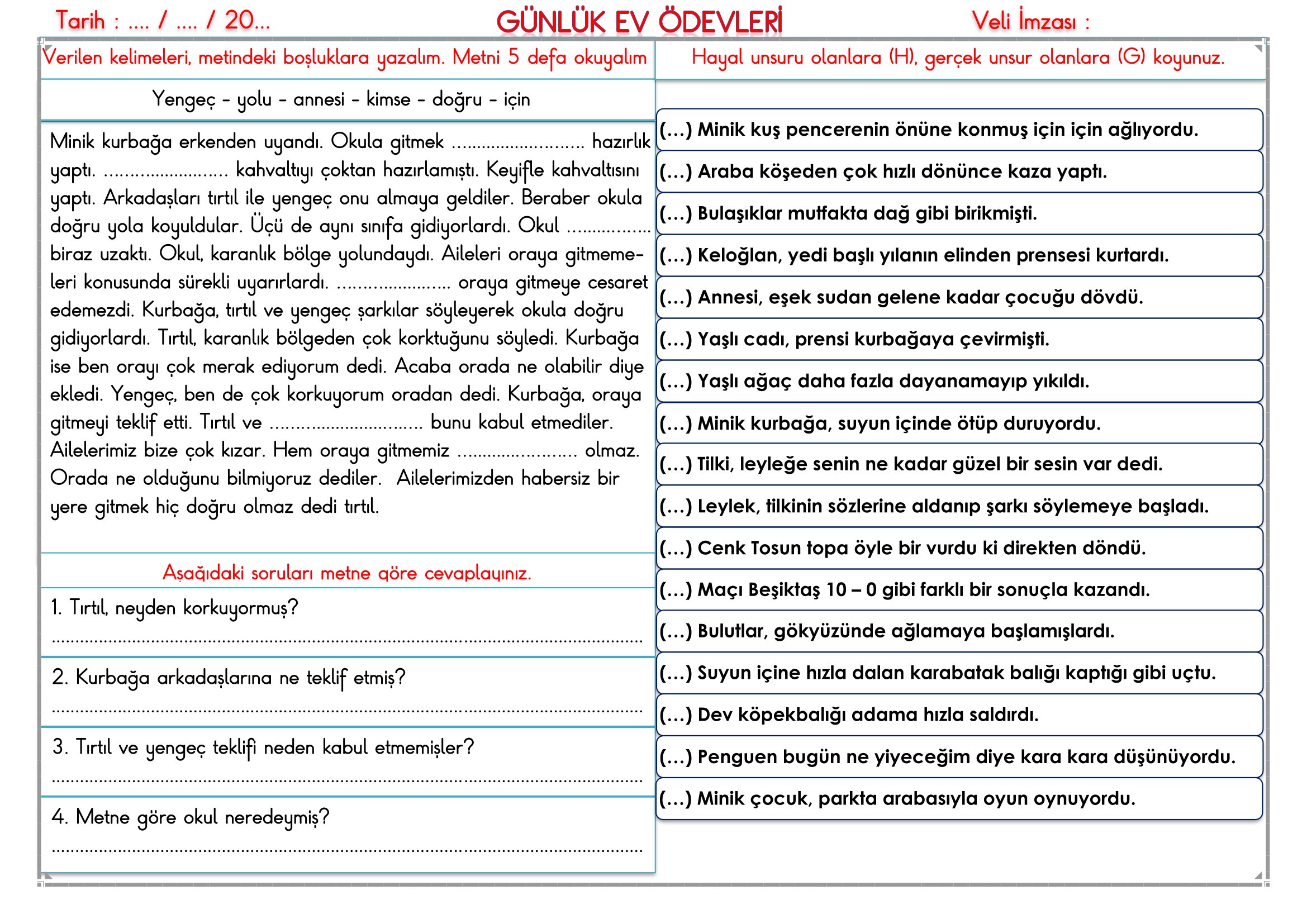 2. Sınıf - 24 Şubat 2026 Günlük Ev Ödevleri