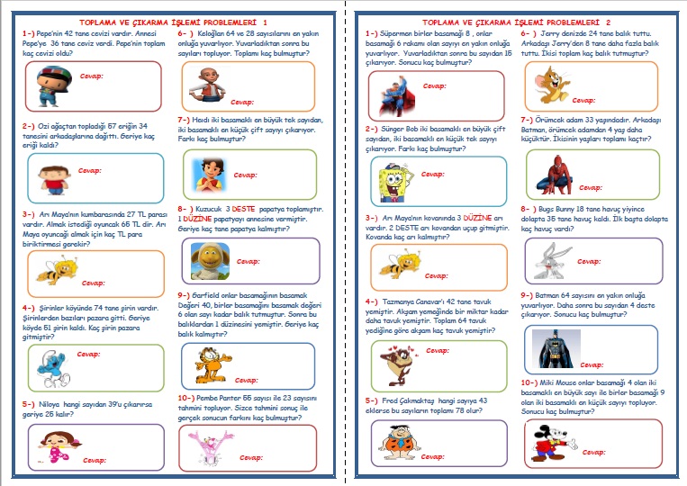 2. Sınıf Matematik Toplama ve Çıkarma İşlemi Problemleri (5 Sayfa - 50 Soru)