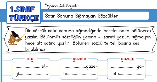1. Sınıf Türkçe Satır Sonuna Sığmayan Sözcükler Etkinliği