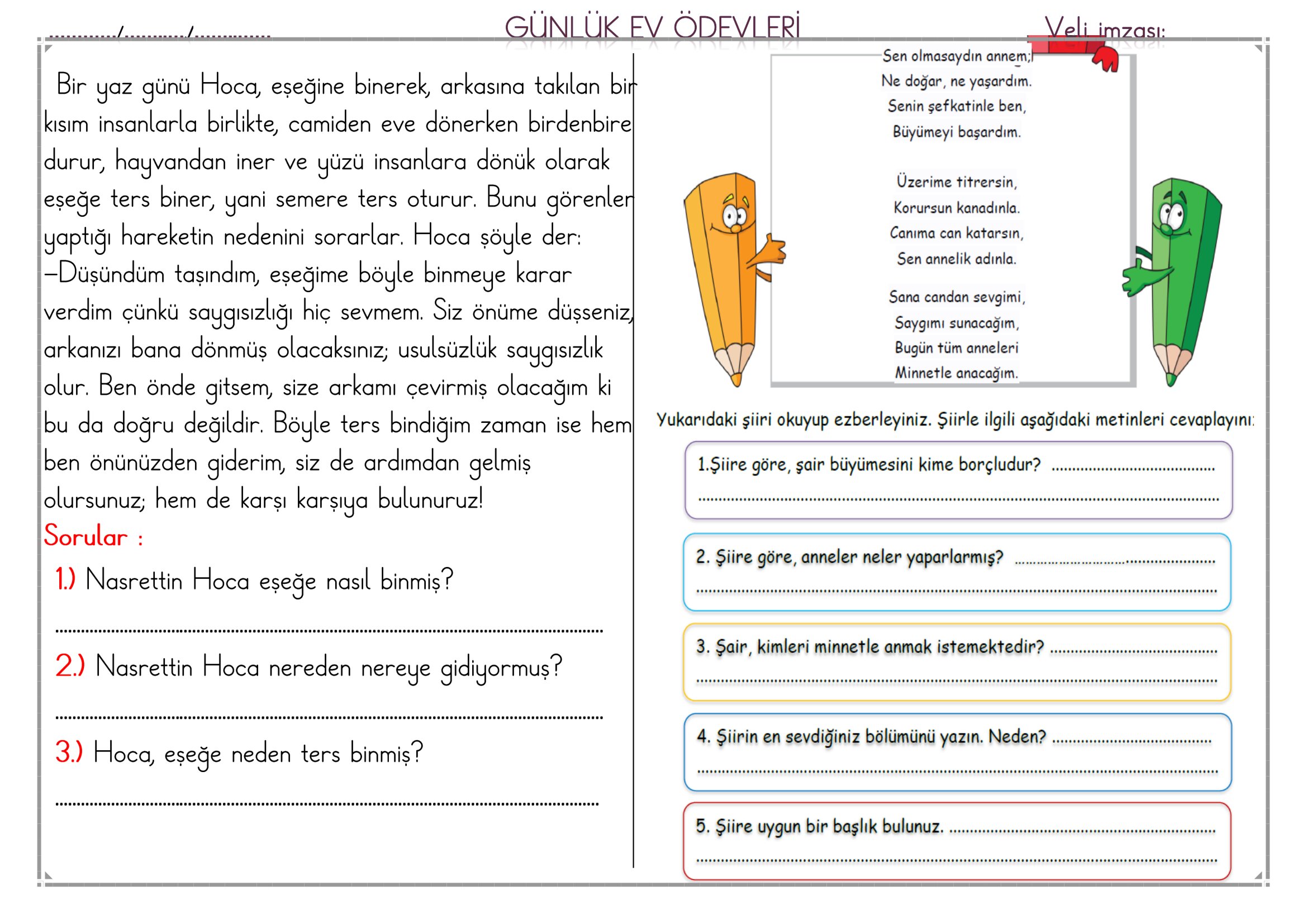 1. Sınıf - 07 Mayıs 2026 Günlük Ev Ödevleri