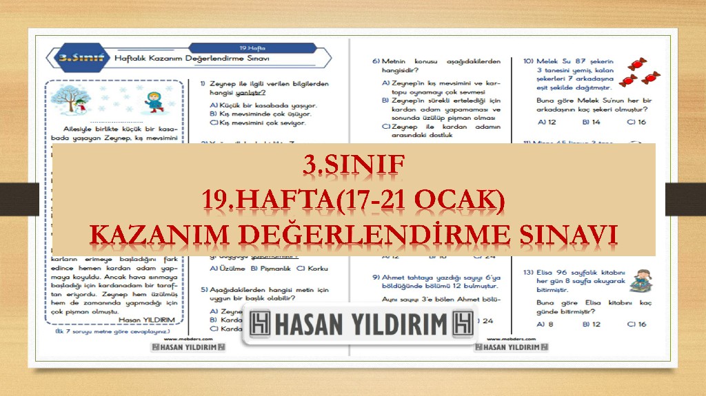 3. Sınıf Haftalık Değerlendirme Testi-19.Hafta(17-21 Ocak)
