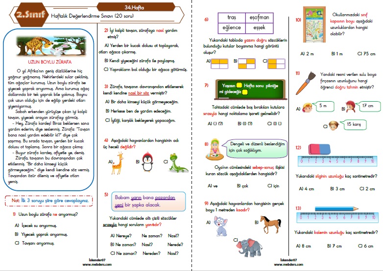 2. Sınıf Haftalık Değerlendirme Testi - 34.Hafta (23-27 Mayıs)