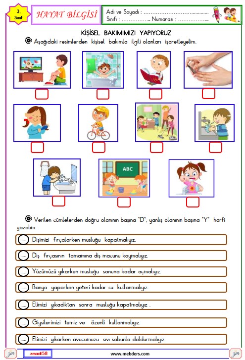 3. Sınıf Hayat Bilgisi Kişisel Bakımımızı Yapıyoruz Etkinliği