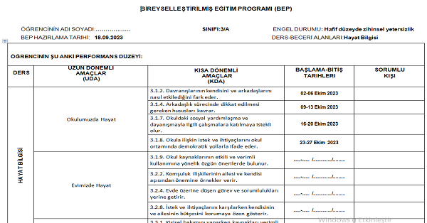 3. Sınıf Hayat Bilgisi Bireyselleştirilmiş Eğitim Planı (Bep) 2023-2024