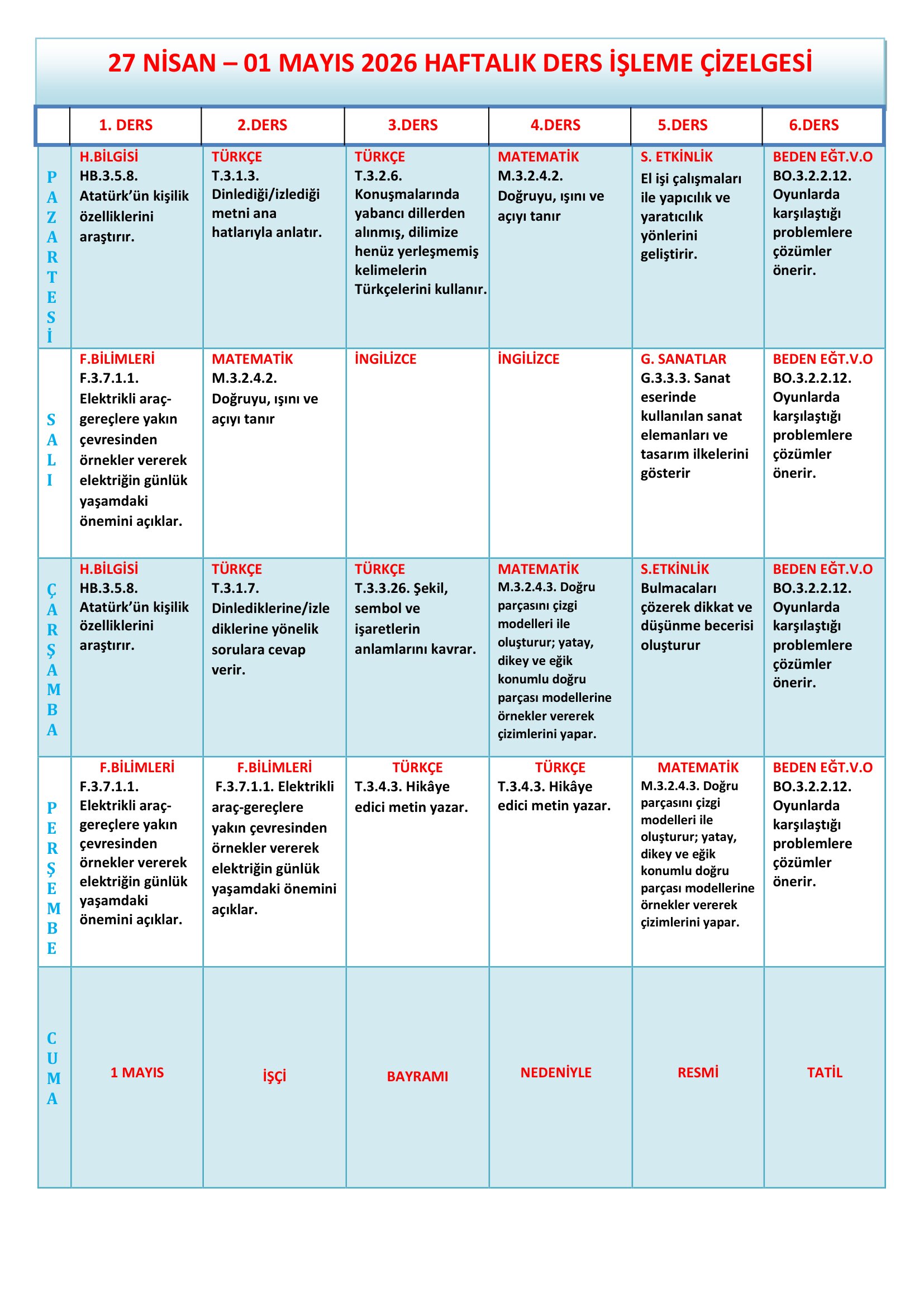 3. Sınıf 27 Nisan - 01 Mayıs 2026 Haftalık Ders İşleme Çizelgesi.doc