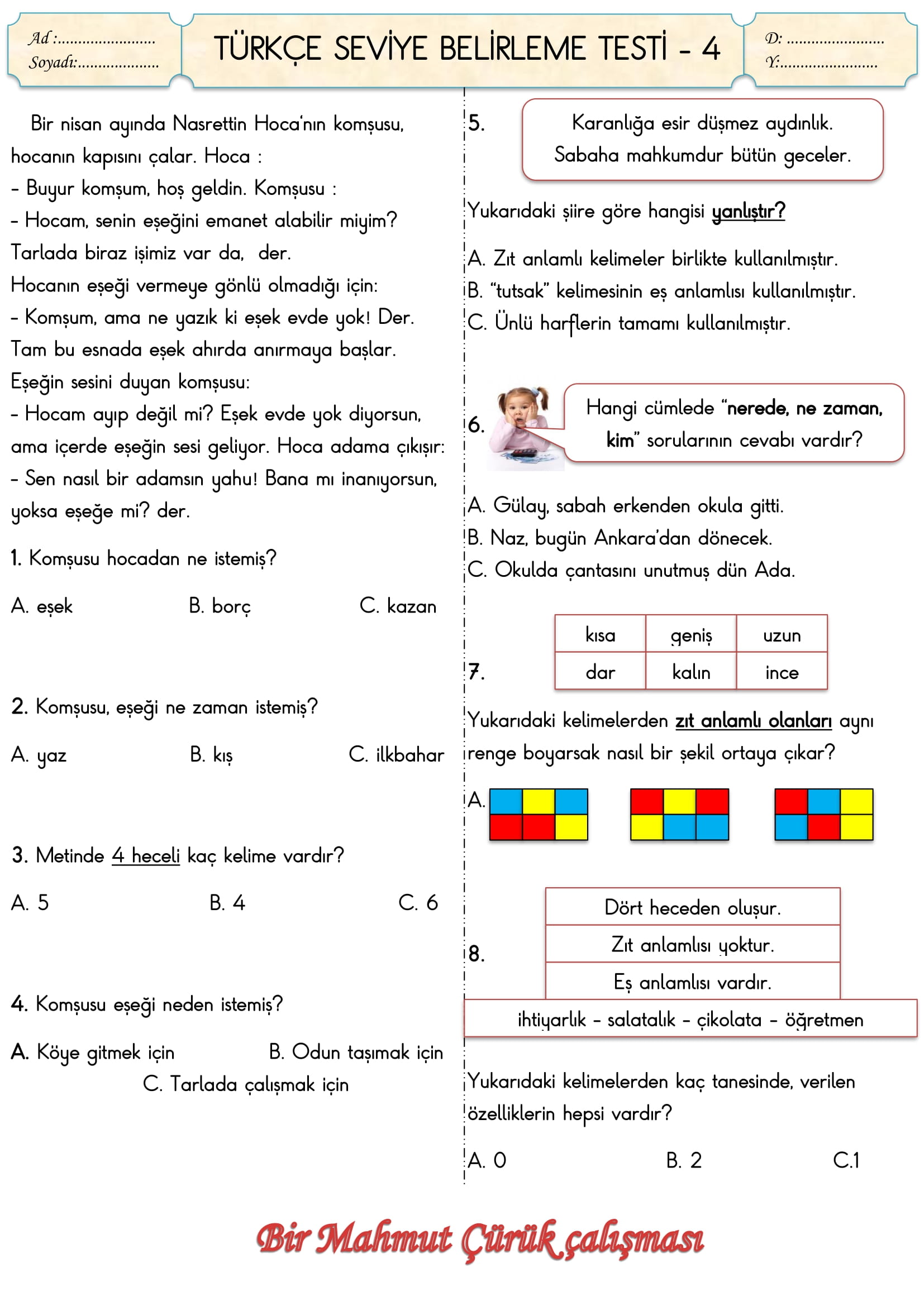2. Sınıf Türkçe Seviye Belirleme Testi-4