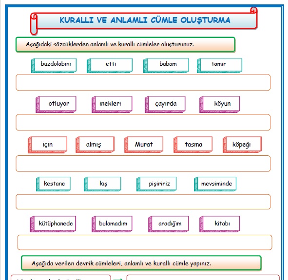2. Sınıf Türkçe Anlamlı ve Kurallı Cümleler Etkinlik Çalışması