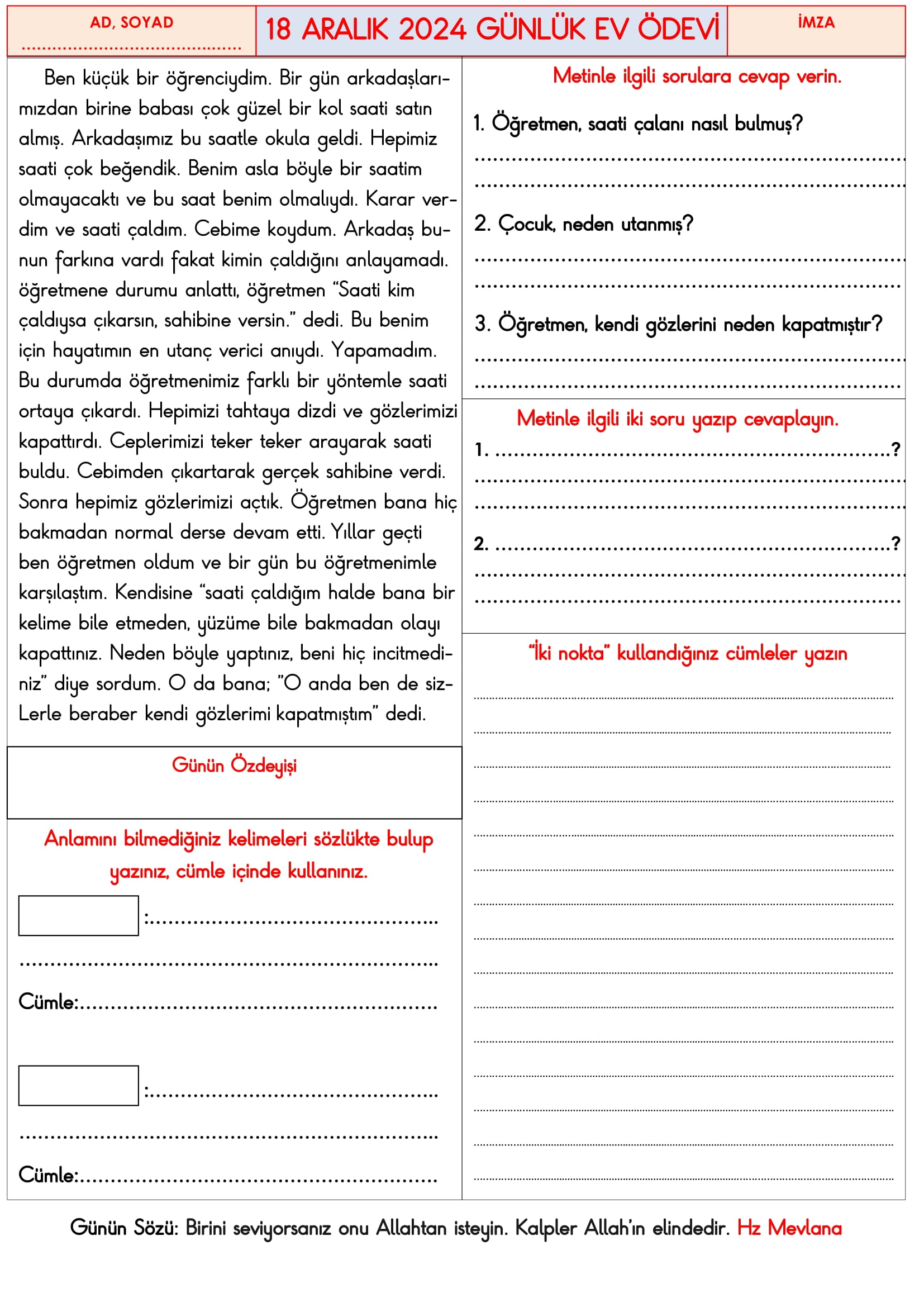 3. Sınıf 18 Aralık 2024 Günlük Ev Ödevi