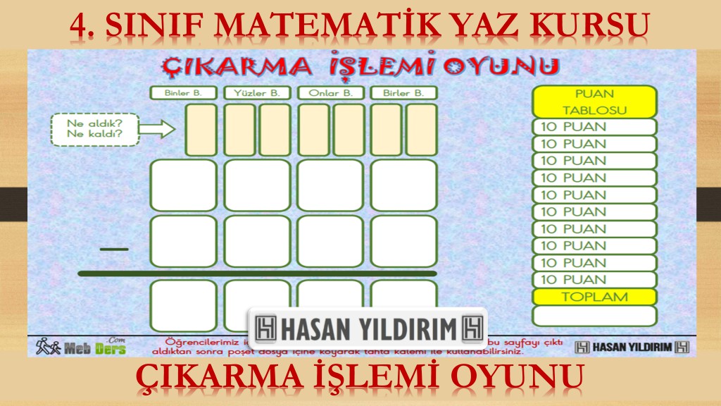 4. Sınıf Matematik Yaz Kursu - Çıkarma İşlemi Oyunu