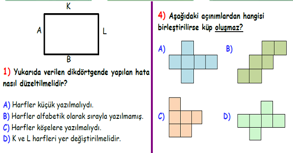 4. Sınıf Matematik Geometrik Cisimler, Şekiller ve Açılar Yaprak Testi-1