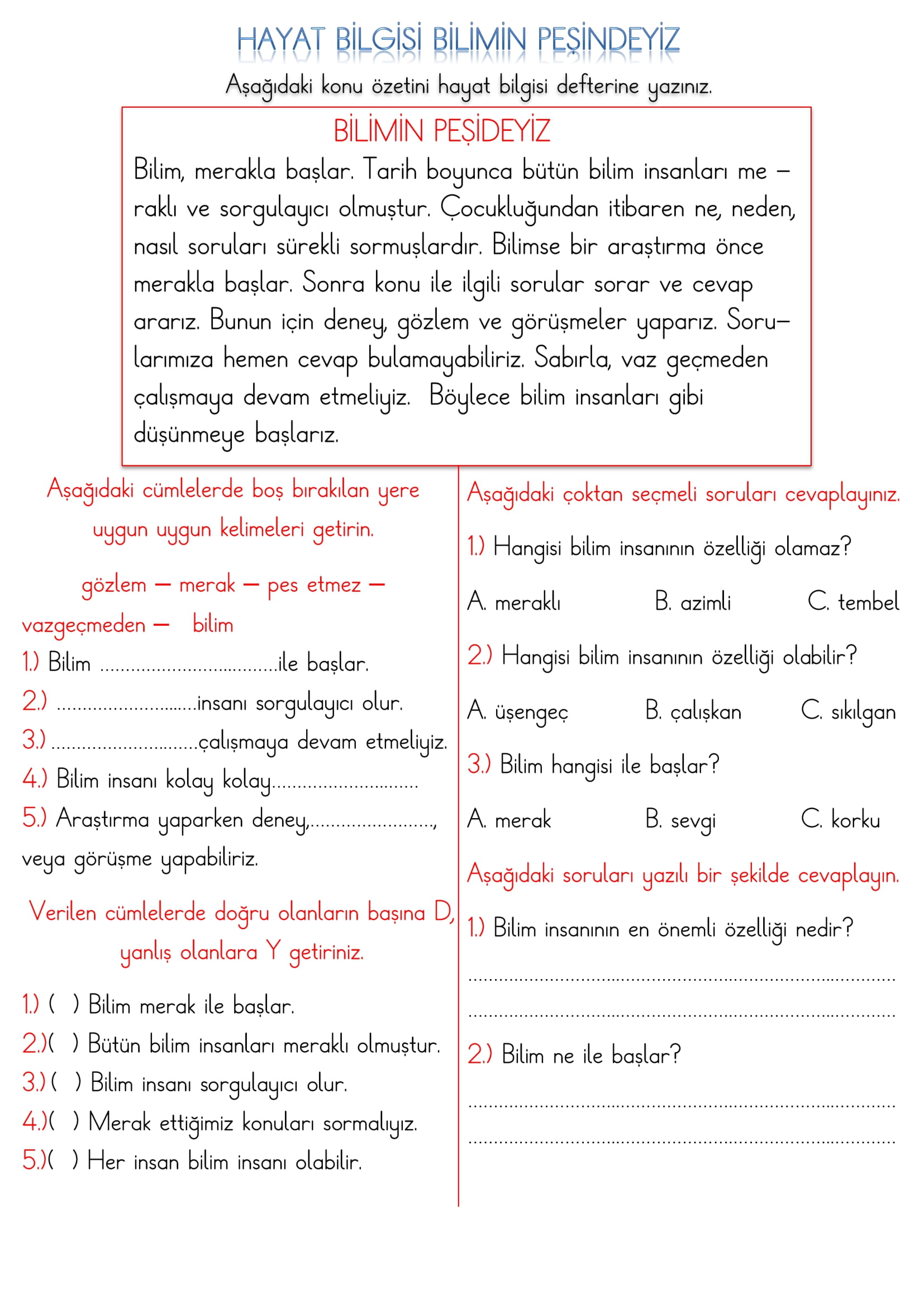 1. Sınıf Hayat Bilgisi Bilimin Peşindeyiz Etkinliği 1