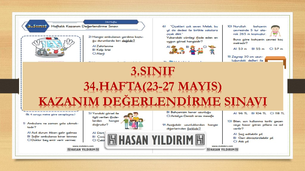 3. Sınıf Haftalık Değerlendirme Testi-34.Hafta(23-27 Mayıs)
