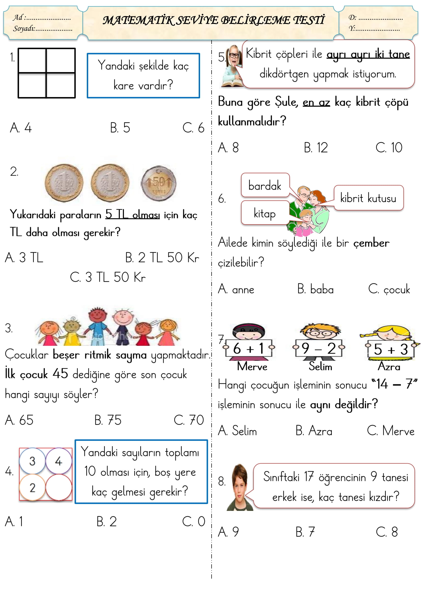 1. Sınıf Matematik Seviye Belirleme Testi-2