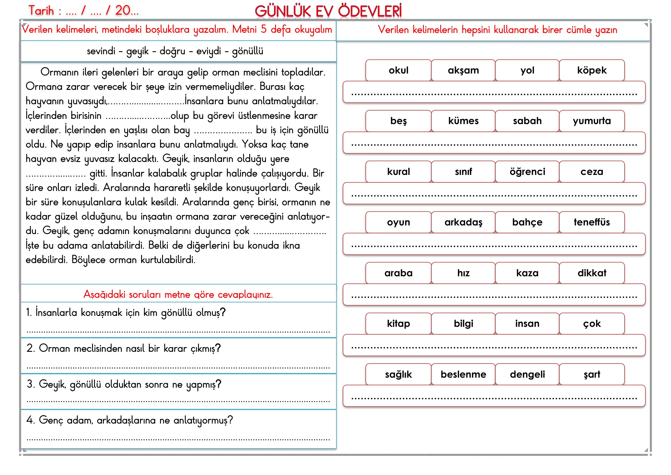 2. Sınıf - 03 Haziran 2026 Günlük Ev Ödevleri