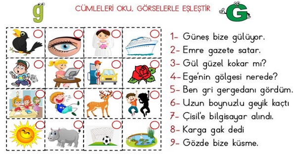 1. Sınıf İlk Okuma Yazma (G-g Sesi) Cümle-Görsel Eşleştirme Etkinliği