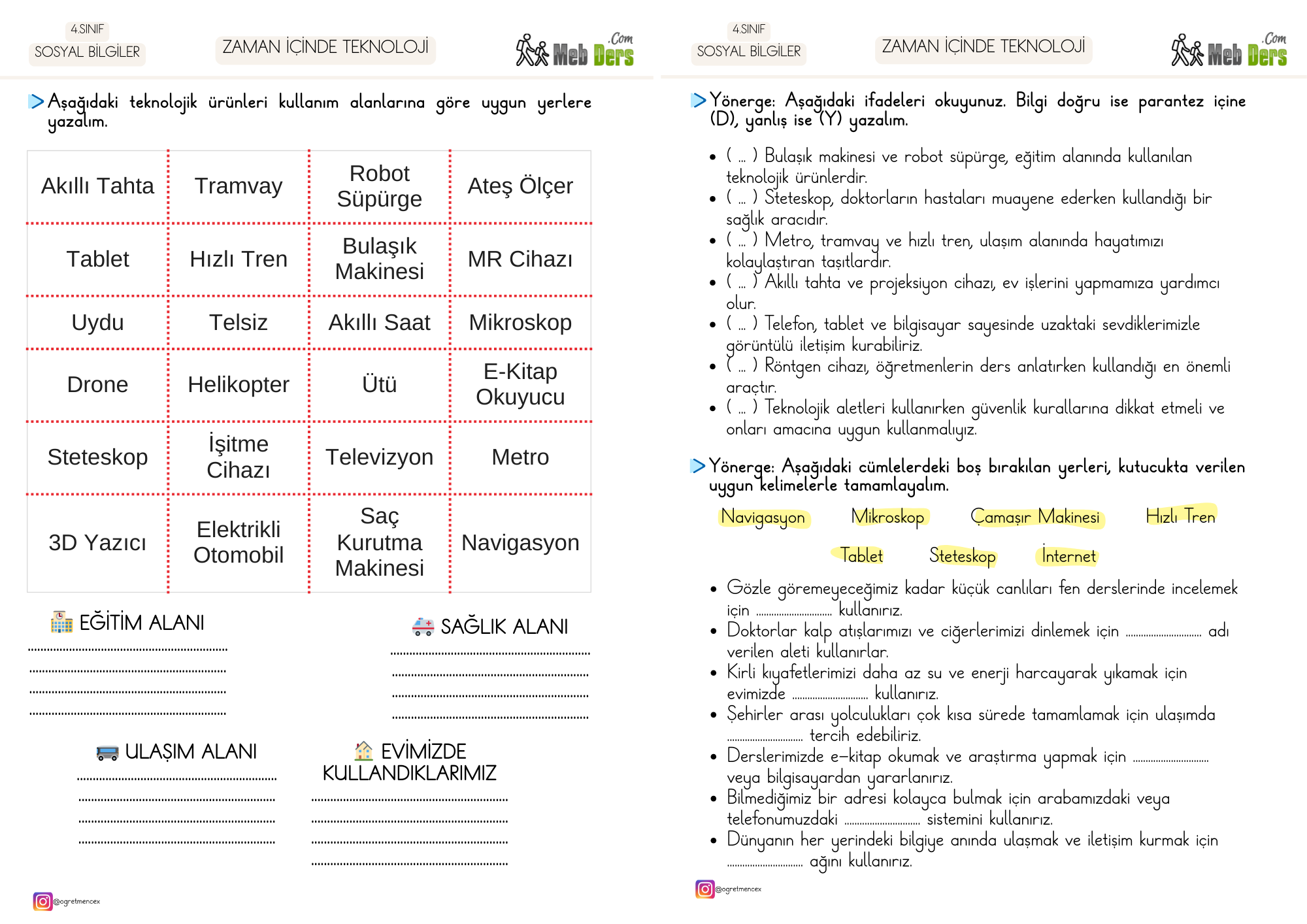 4. Sınıf Sosyal Bilgiler Zaman İçinde Teknoloji Çalışma Sayfası