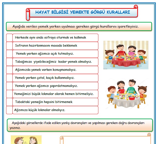 2. Sınıf Hayat Bilgisi Yemekte Görgü Kuralları Etkinlik Çalışması