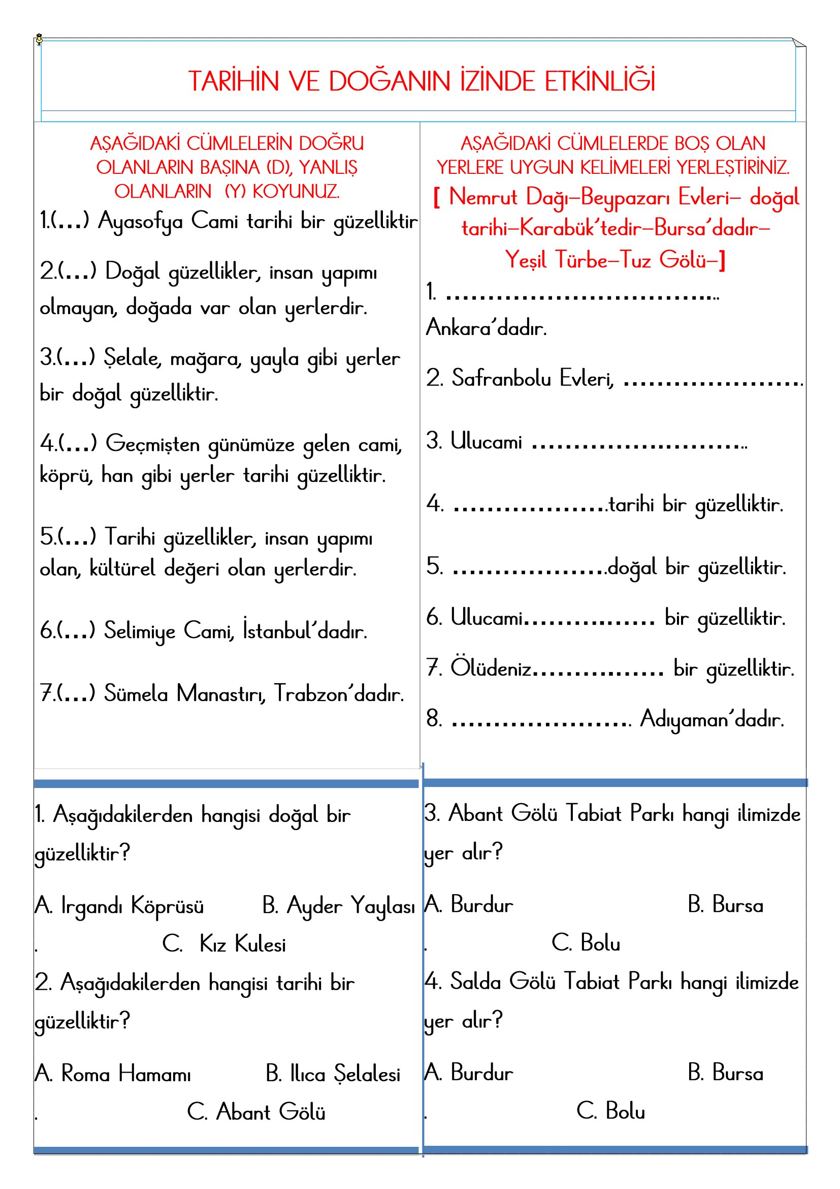 2. Sınıf - Hayat Bilgisi Tarihin ve Doğanın İzinde Etkinliği
