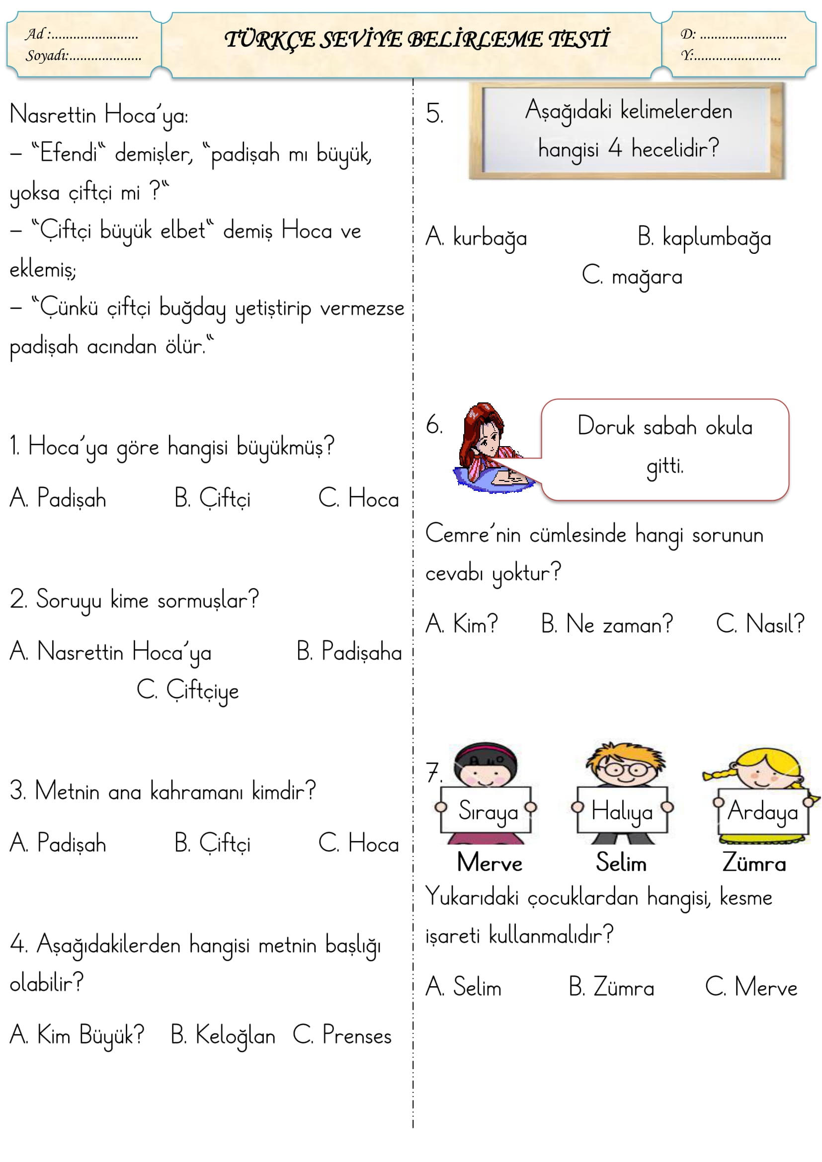 1. Sınıf Türkçe Seviye Belirleme Testi-1