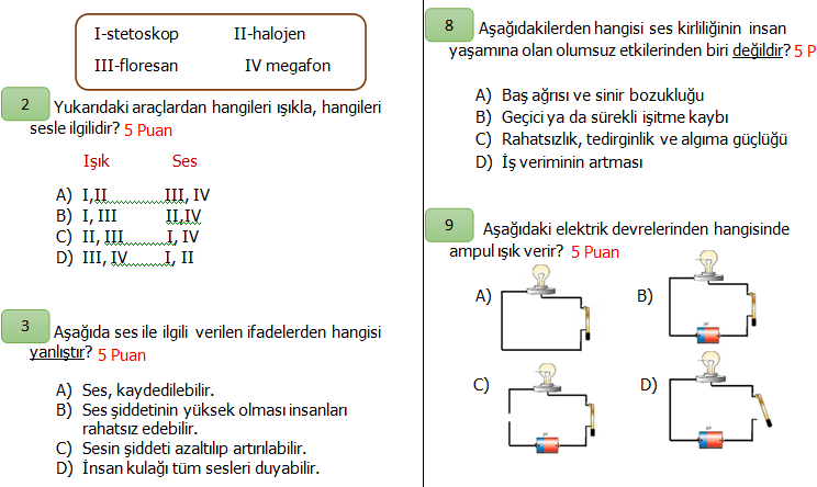 4. Sınıf Fen Bilimleri 2.Dönem 2.Yazılı Seviye 1