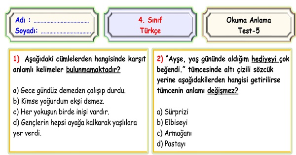 4. Sınıf Türkçe Okuma Anlama Sene Sonu Değerlendirme Testi 5