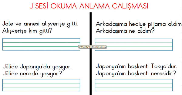1. Sınıf İlk Okuma Yazma (J-j Sesi) Okuma-Anlama Çalışması