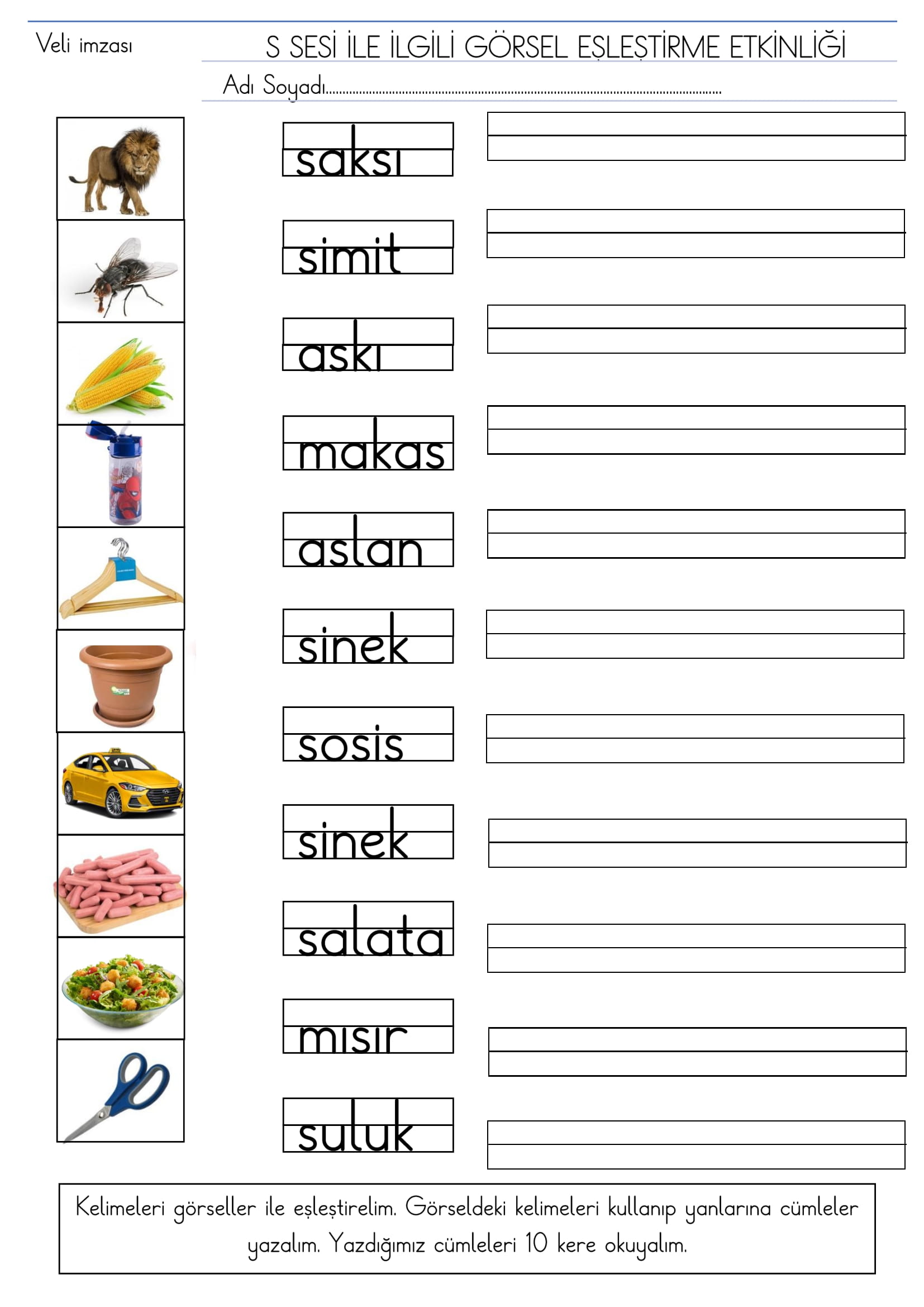 1. Sınıf İlk Okuma Yazma S sesi Görsel Eşleştirme Etkinliği