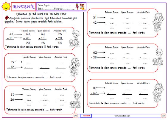 2. Sınıf Matematik Çıkarma İşleminin Sonucunu Tahmin Etme Etkinliği 1
