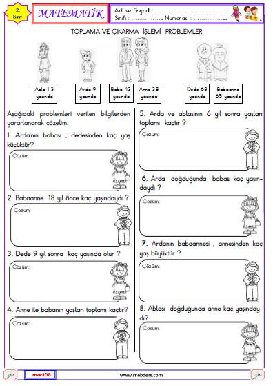 2. Sınıf Matematik Toplama ve Çıkarma İşlemi Problemleri Etkinliği 7